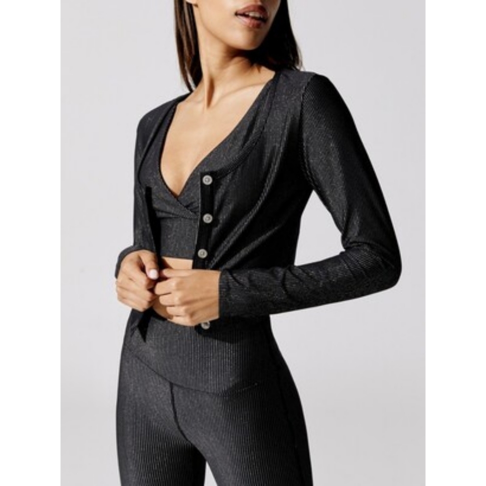 Carbon 38 Cropped Shimmer Stripe Cardigan Black Silver XS NWT NEW - Picture 2 of 12